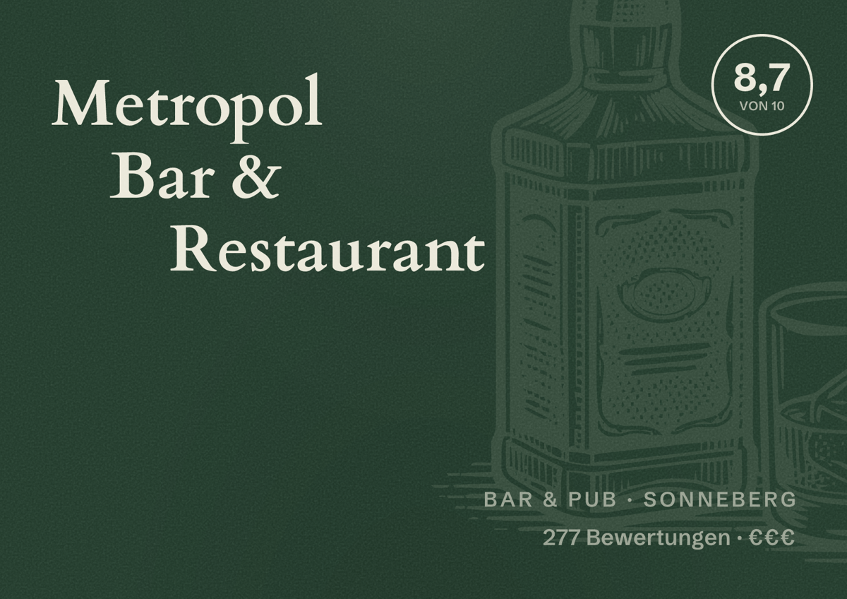 Illustriertes Poster von Metropol Bar & Restaurant, Bar & Pub in Sonneberg: Bewertung 8,7 von 10 aus 277 Bewertungen, Preisniveau €€€