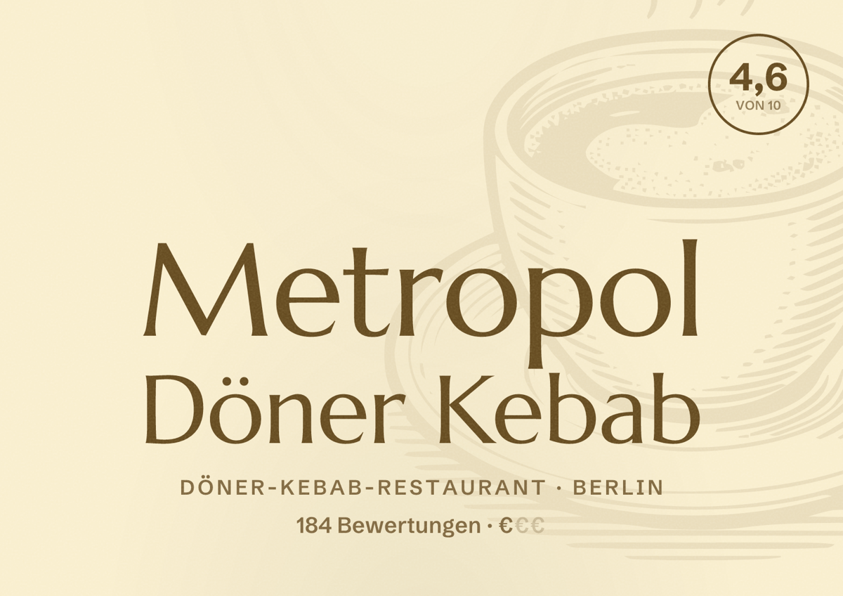 Illustriertes Poster von Metropol Döner Kebab, Döner-Kebab-Restaurant in Berlin: Bewertung 4,6 von 10 aus 184 Bewertungen, Preisniveau €