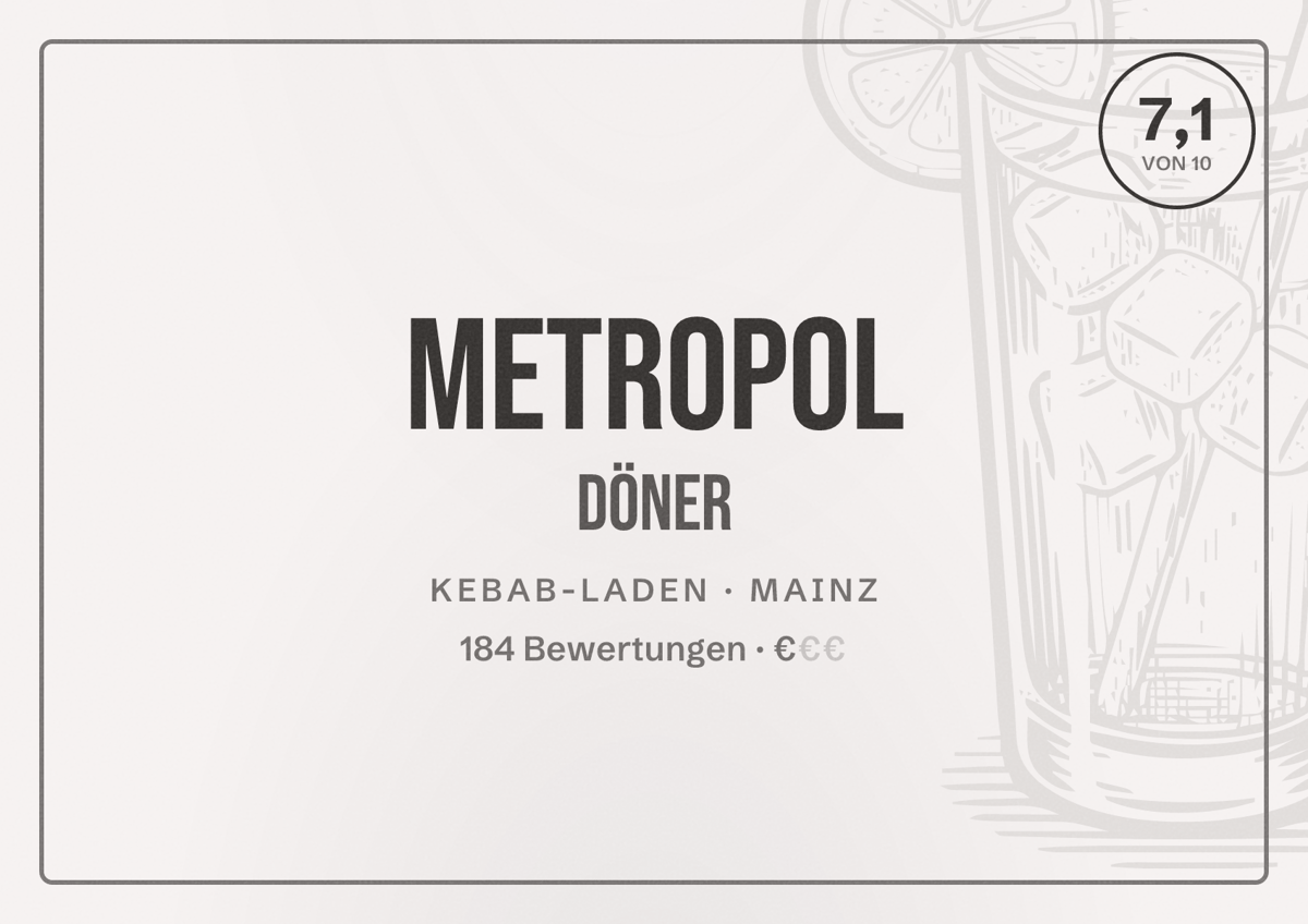 Illustriertes Poster von Metropol Döner, Kebab-Laden in Mainz: Bewertung 7,1 von 10 aus 184 Bewertungen, Preisniveau €