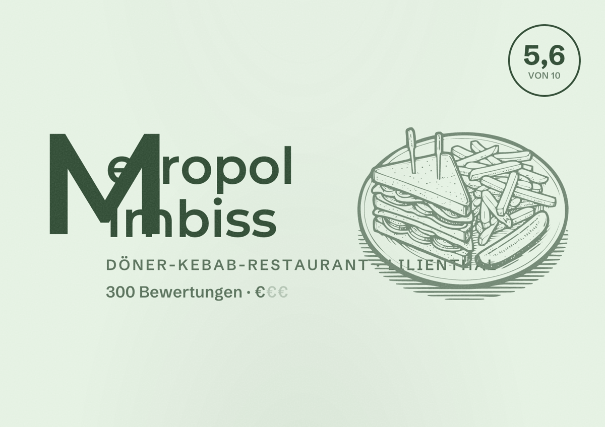 Illustriertes Poster von Metropol Imbiss, Döner-Kebab-Restaurant in Lilienthal: Bewertung 5,6 von 10 aus 300 Bewertungen, Preisniveau €