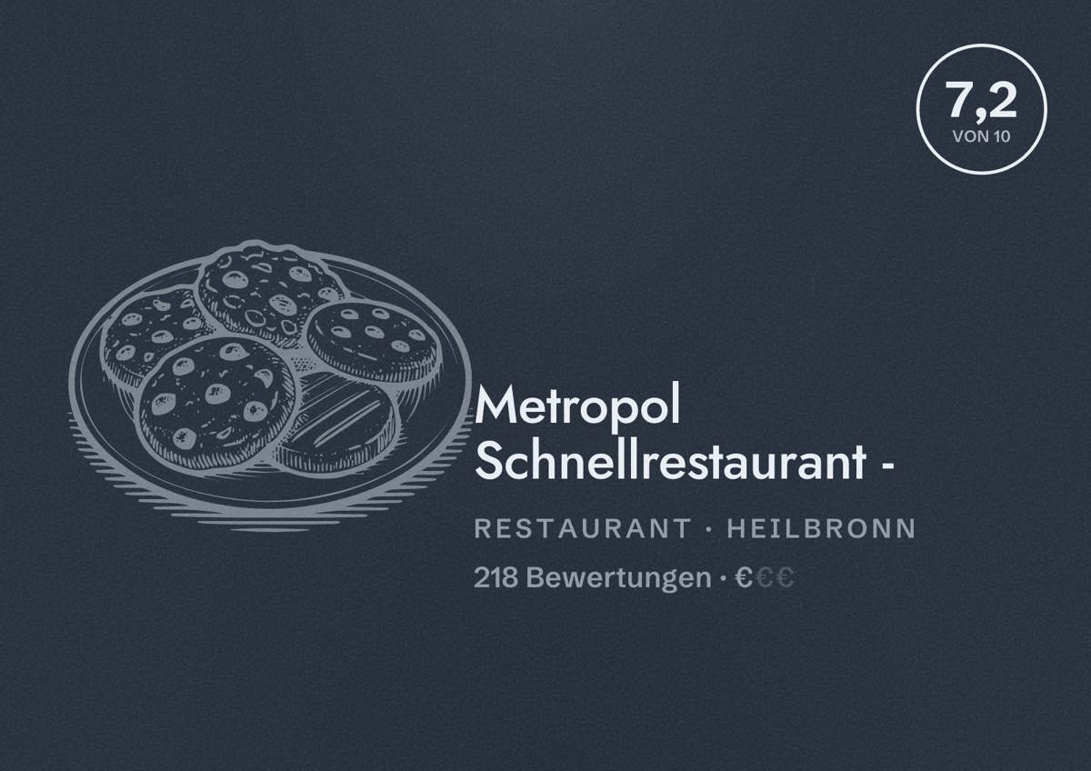 Illustriertes Poster von Metropol Schnellrestaurant -, Restaurant in Heilbronn: Bewertung 7,2 von 10 aus 218 Bewertungen, Preisniveau €