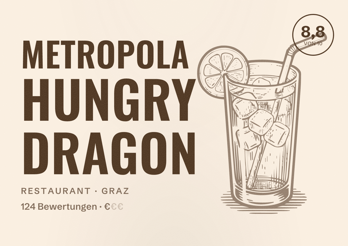 Illustriertes Poster von METROPOLA Hungry Dragon, Restaurant in Graz: Bewertung 8,8 von 10 aus 124 Bewertungen, Preisniveau €