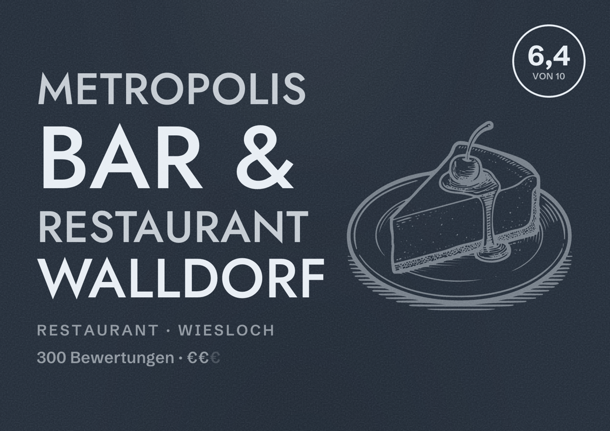 Illustriertes Poster von Metropolis Bar & Restaurant Walldorf, Restaurant in Wiesloch: Bewertung 6,4 von 10 aus 300 Bewertungen, Preisniveau €€