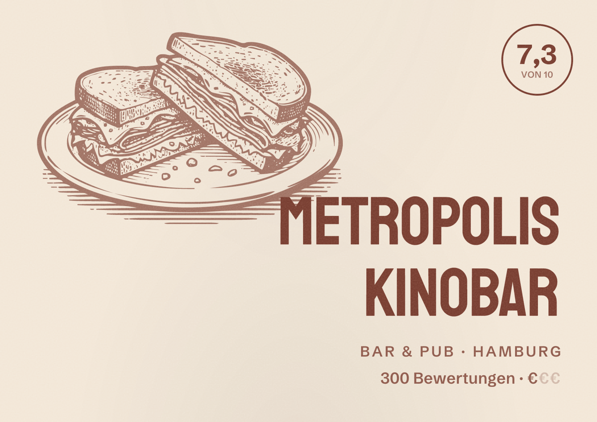 Illustriertes Poster von Metropolis KINOBAR, Bar & Pub in Hamburg: Bewertung 7,3 von 10 aus 300 Bewertungen, Preisniveau €
