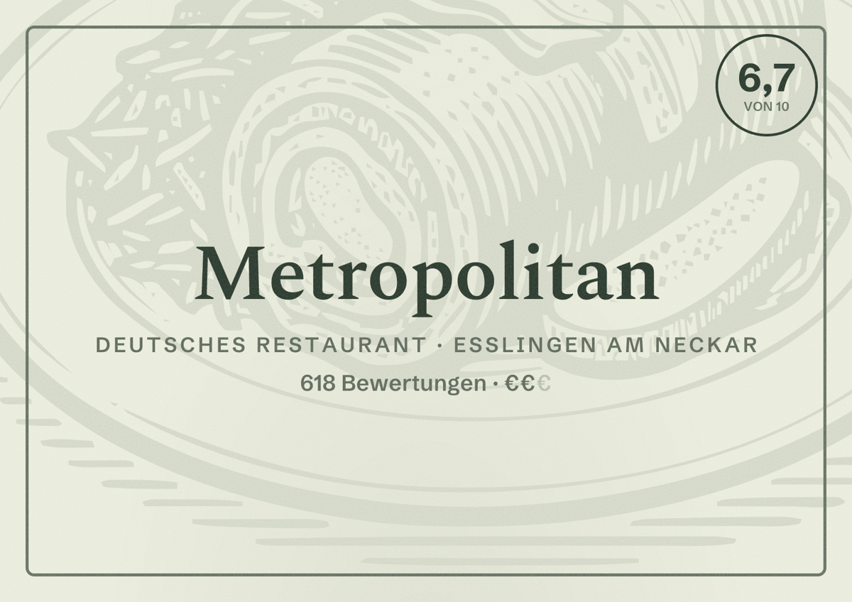 Illustriertes Poster von Metropolitan, Deutsches Restaurant in Esslingen am Neckar: Bewertung 6,7 von 10 aus 618 Bewertungen, Preisniveau €€