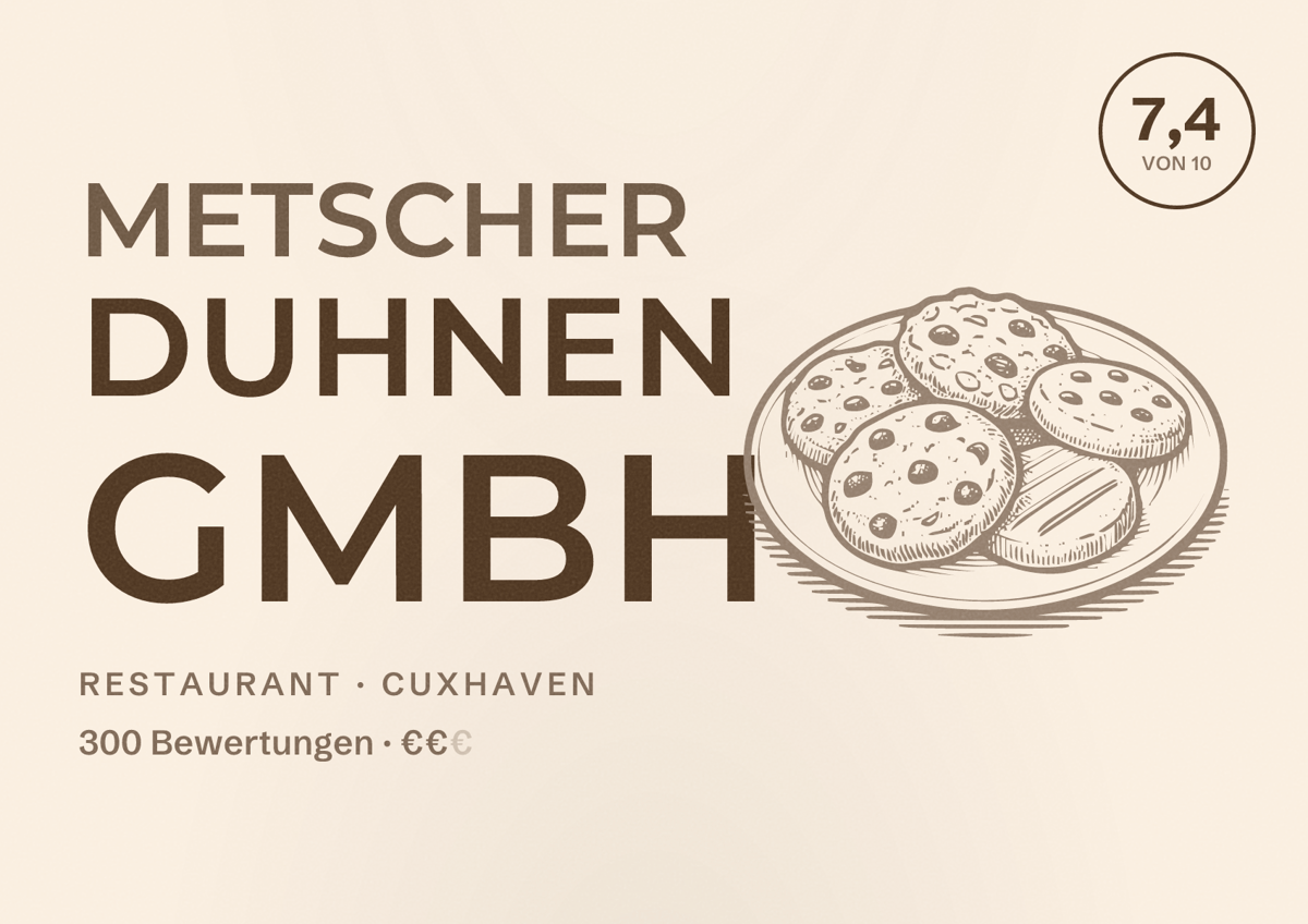 Illustriertes Poster von Metscher Duhnen GmbH, Restaurant in Cuxhaven: Bewertung 7,4 von 10 aus 300 Bewertungen, Preisniveau €€