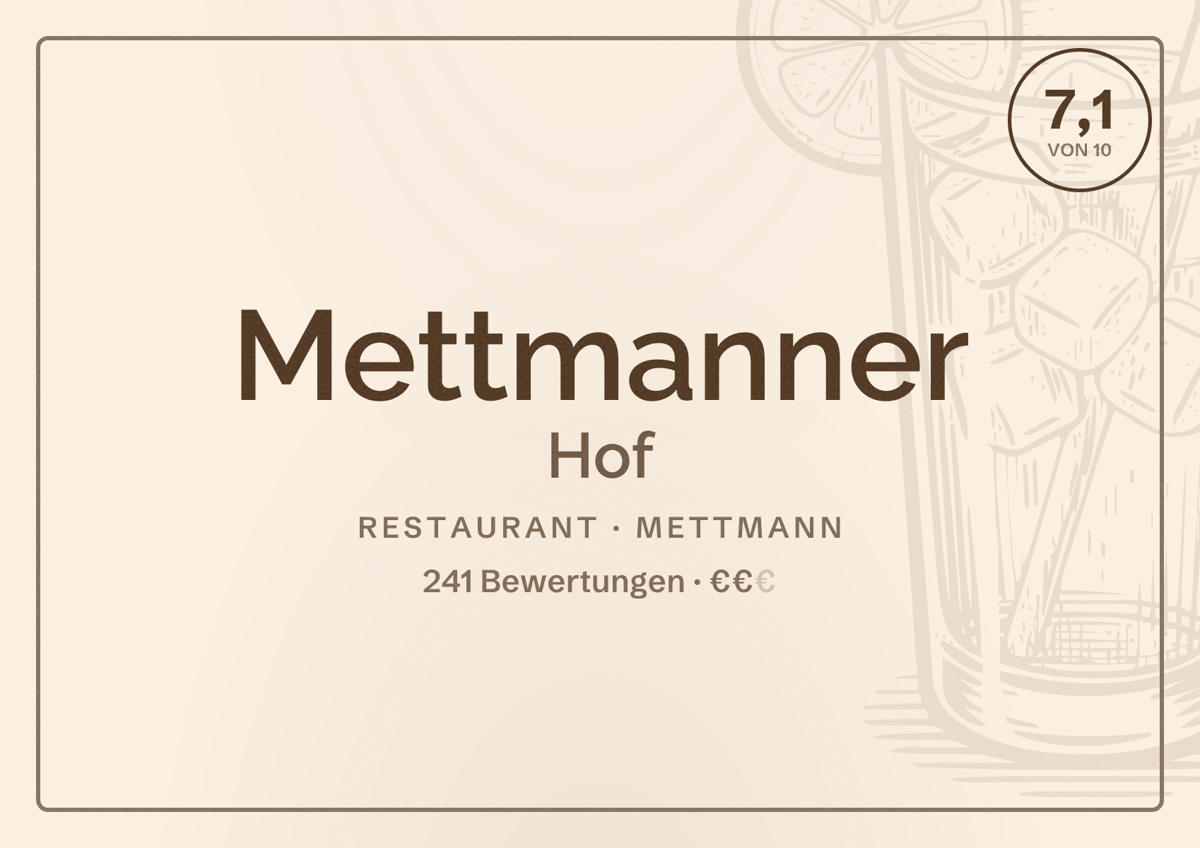 Illustriertes Poster von Mettmanner Hof, Restaurant in Mettmann: Bewertung 7,1 von 10 aus 241 Bewertungen, Preisniveau €€
