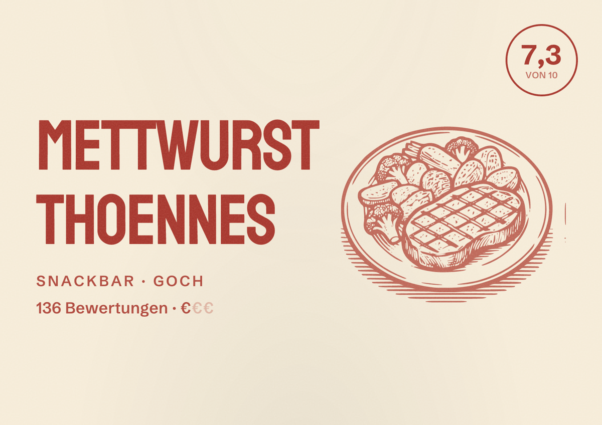 Illustriertes Poster von Mettwurst Thoennes, Snackbar in Goch: Bewertung 7,3 von 10 aus 136 Bewertungen, Preisniveau €