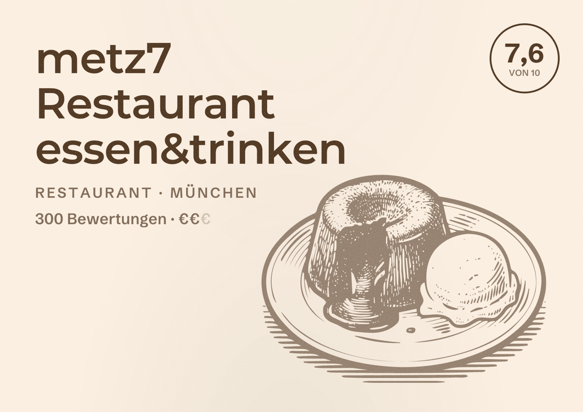 Illustriertes Poster von metz7 Restaurant essen&trinken, Restaurant in München: Bewertung 7,6 von 10 aus 300 Bewertungen, Preisniveau €€