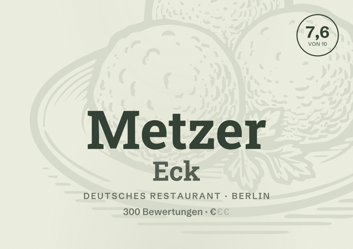 Illustriertes Poster von Metzer Eck, Deutsches Restaurant in Berlin: Bewertung 7,6 von 10 aus 300 Bewertungen, Preisniveau €