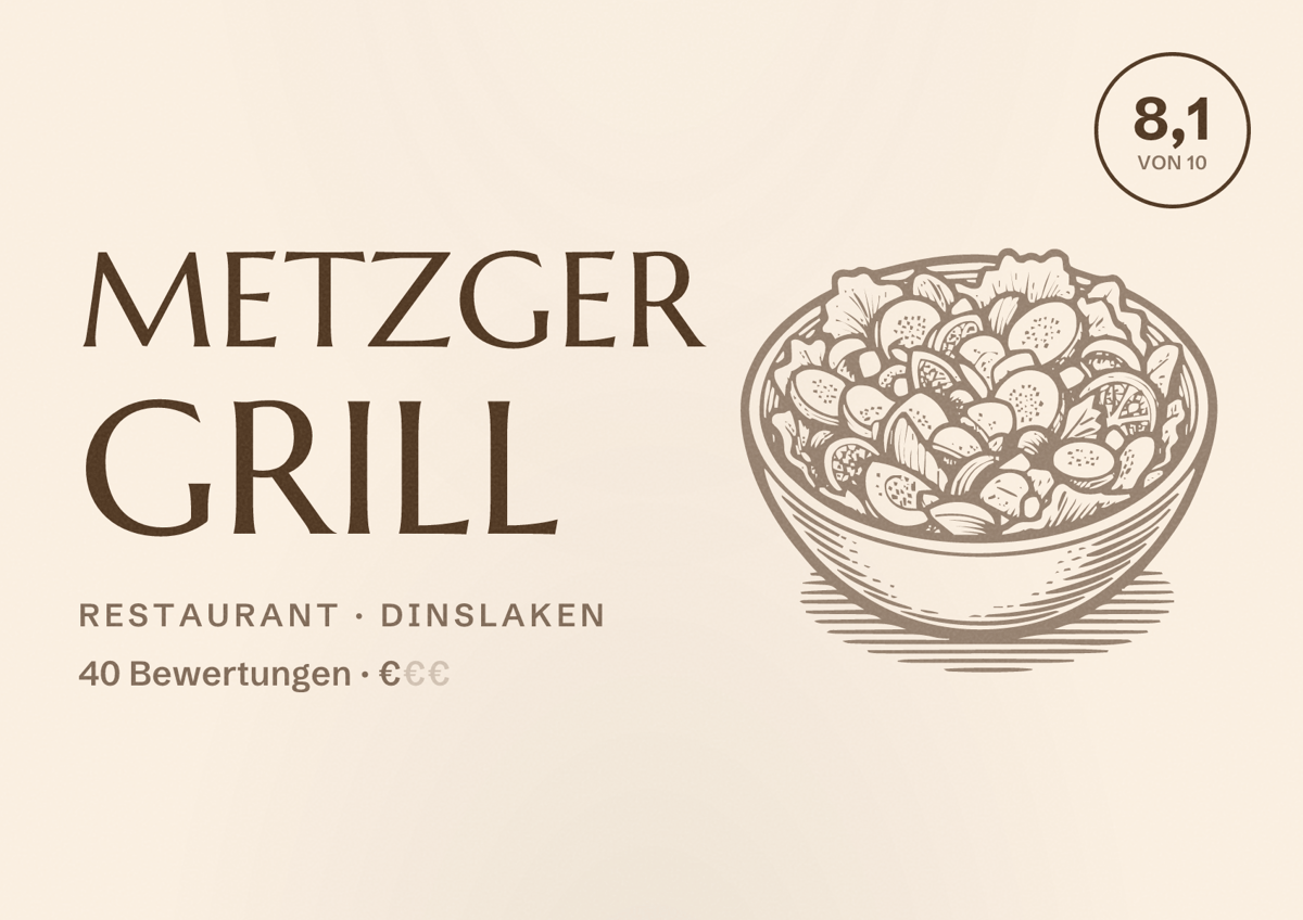 Illustriertes Poster von Metzger Grill, Restaurant in Dinslaken: Bewertung 8,1 von 10 aus 40 Bewertungen, Preisniveau €