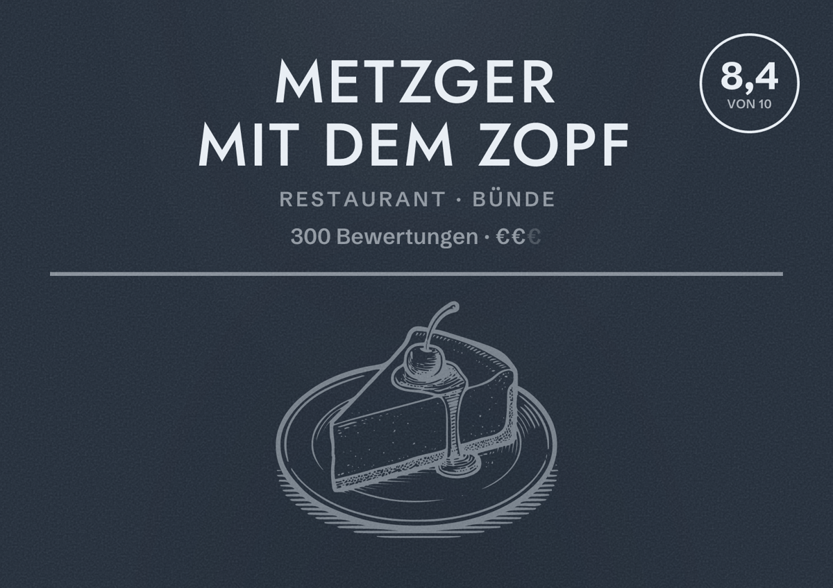 Illustriertes Poster von Metzger mit dem Zopf, Restaurant in Bünde: Bewertung 8,4 von 10 aus 300 Bewertungen, Preisniveau €€