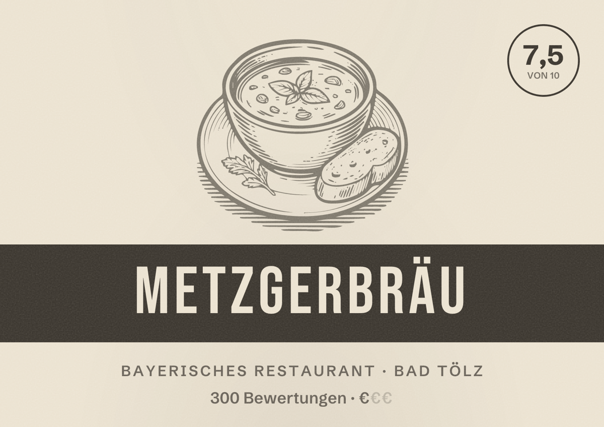 Illustriertes Poster von Metzgerbräu, Bayerisches Restaurant in Bad Tölz: Bewertung 7,5 von 10 aus 300 Bewertungen, Preisniveau €