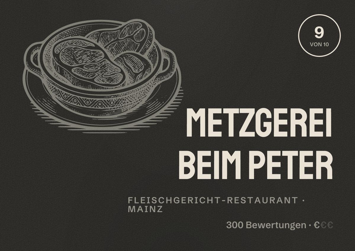 Illustriertes Poster von Metzgerei Beim Peter, Fleischgericht-Restaurant in Mainz: Bewertung 9,0 von 10 aus 300 Bewertungen, Preisniveau €