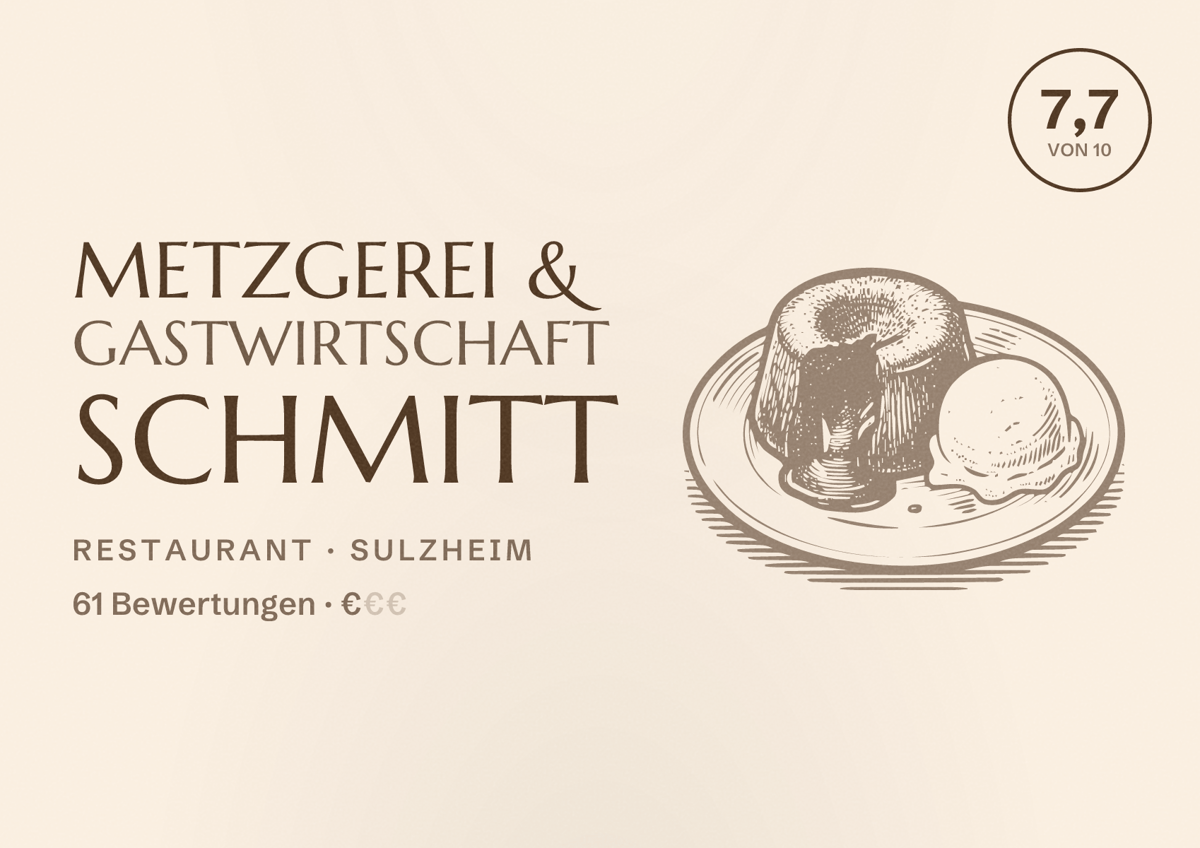 Illustriertes Poster von Metzgerei & Gastwirtschaft Schmitt, Restaurant in Sulzheim: Bewertung 7,7 von 10 aus 61 Bewertungen, Preisniveau €