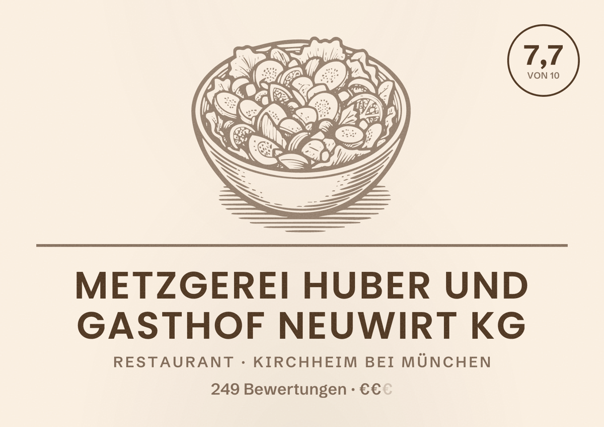 Illustriertes Poster von Metzgerei Huber und Gasthof Neuwirt KG, Restaurant in Kirchheim bei München: Bewertung 7,7 von 10 aus 249 Bewertungen, Preisniveau €€