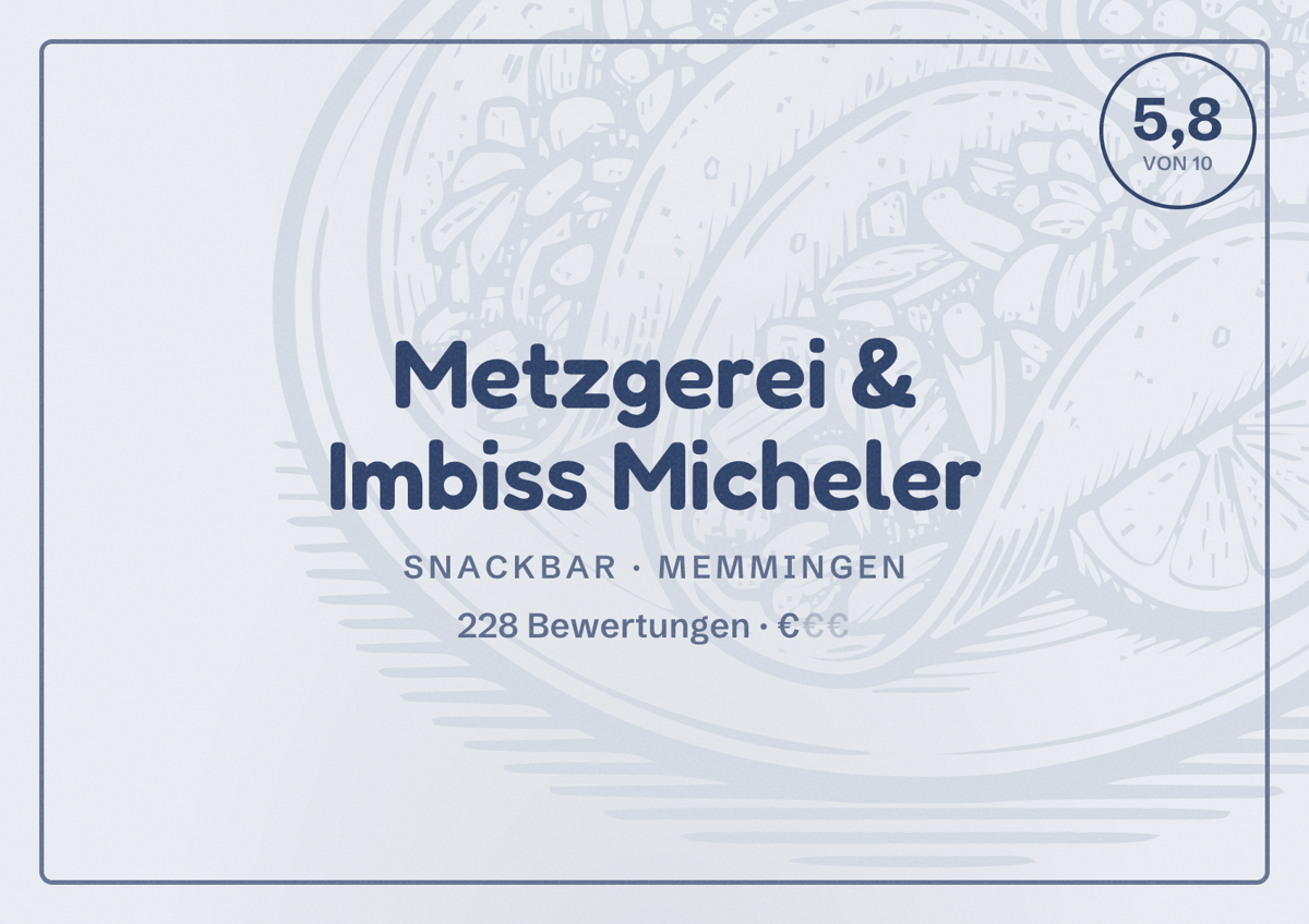 Illustriertes Poster von Metzgerei & Imbiss Micheler, Snackbar in Memmingen: Bewertung 5,8 von 10 aus 228 Bewertungen, Preisniveau €