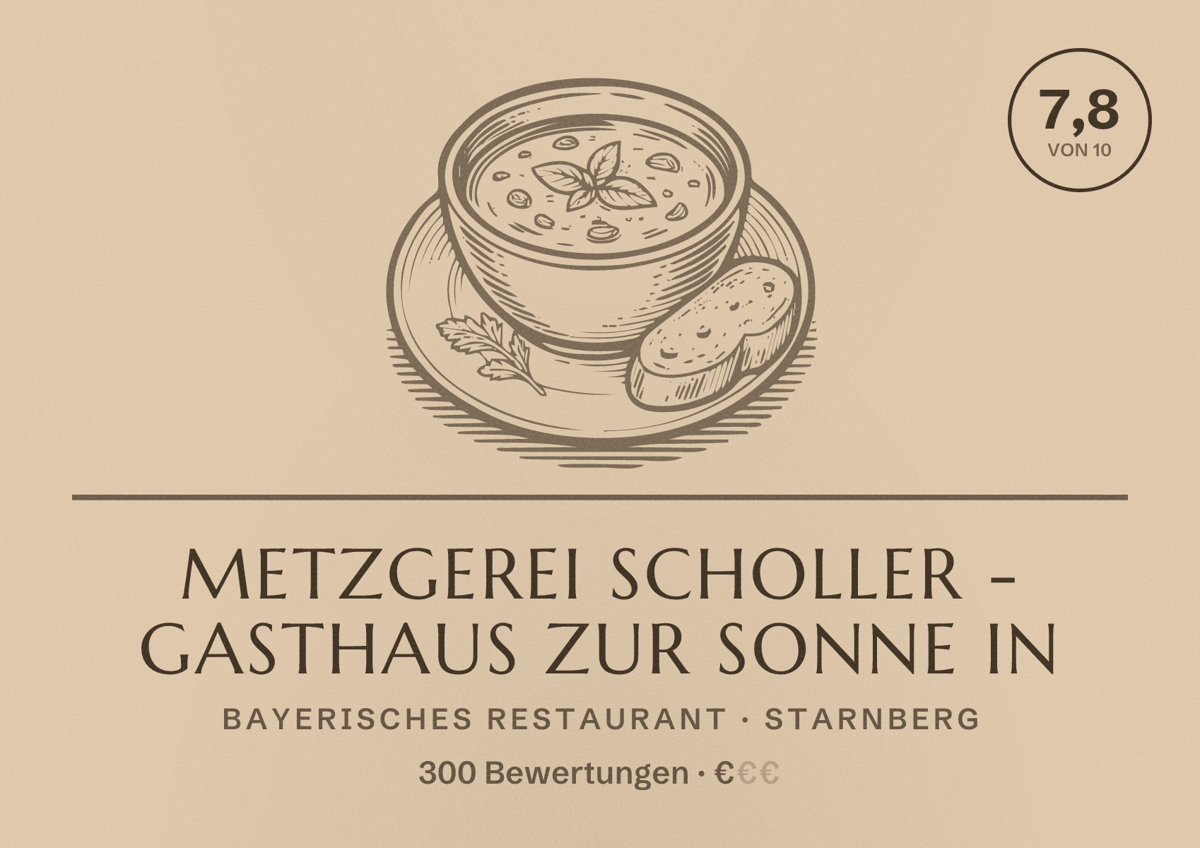 Illustriertes Poster von Metzgerei Scholler - Gasthaus zur Sonne in, Bayerisches Restaurant in Starnberg: Bewertung 7,8 von 10 aus 300 Bewertungen, Preisniveau €