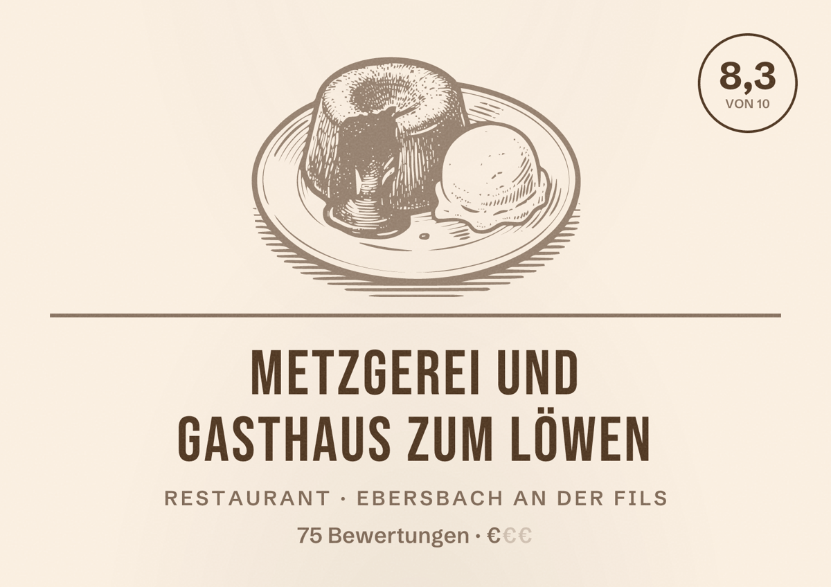 Illustriertes Poster von Metzgerei und Gasthaus zum Löwen, Restaurant in Ebersbach an der Fils: Bewertung 8,3 von 10 aus 75 Bewertungen, Preisniveau €