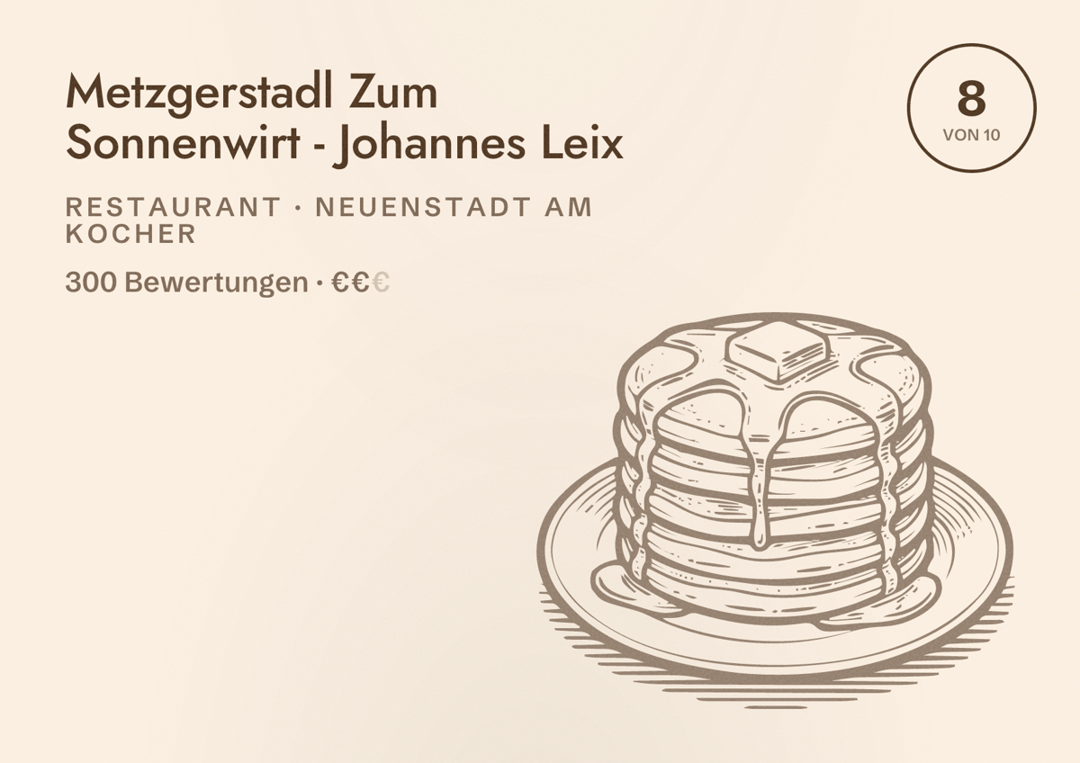Illustriertes Poster von Metzgerstadl Zum Sonnenwirt - Johannes Leix, Restaurant in Neuenstadt am Kocher: Bewertung 8 von 10 aus 300 Bewertungen, Preisniveau €€
