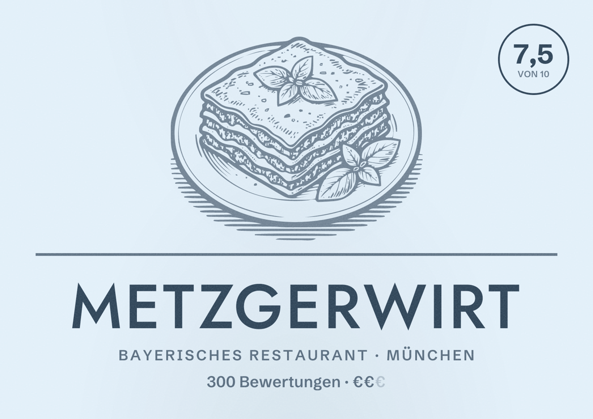 Illustriertes Poster von Metzgerwirt, Bayerisches Restaurant in München: Bewertung 7,5 von 10 aus 300 Bewertungen, Preisniveau €€