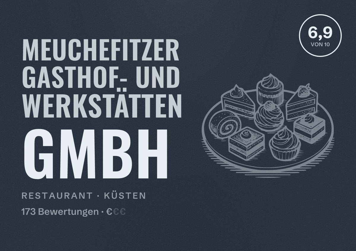 Illustriertes Poster von Meuchefitzer Gasthof- und Werkstätten GmbH, Restaurant in Küsten: Bewertung 6,9 von 10 aus 173 Bewertungen, Preisniveau €