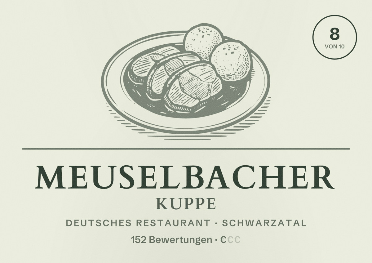 Illustriertes Poster von Meuselbacher Kuppe, Deutsches Restaurant in Schwarzatal: Bewertung 8 von 10 aus 152 Bewertungen, Preisniveau €