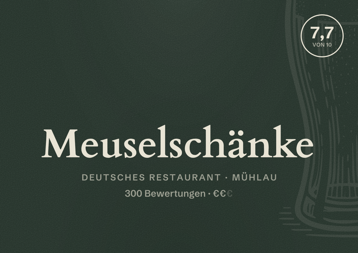 Illustriertes Poster von Meuselschänke, Deutsches Restaurant in Mühlau: Bewertung 7,7 von 10 aus 300 Bewertungen, Preisniveau €€