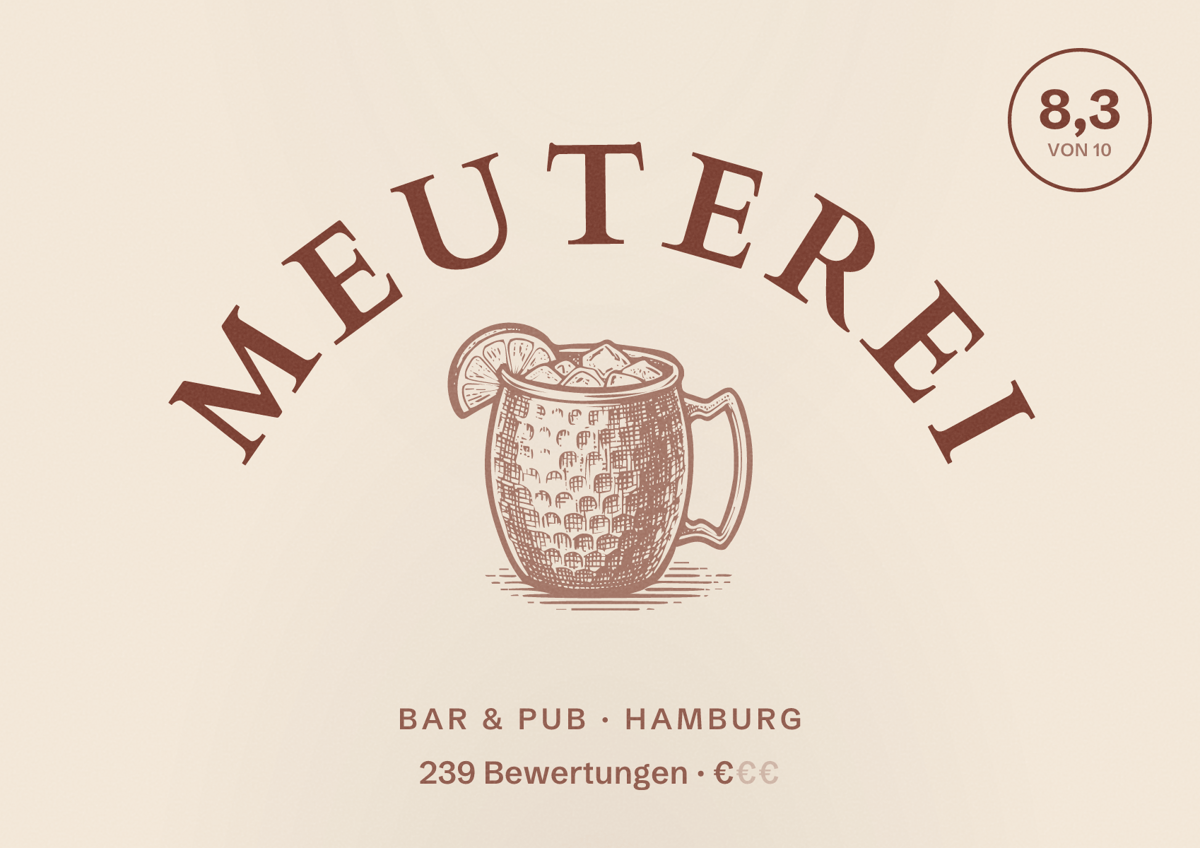 Illustriertes Poster von Meuterei, Bar & Pub in Hamburg: Bewertung 8,3 von 10 aus 239 Bewertungen, Preisniveau €