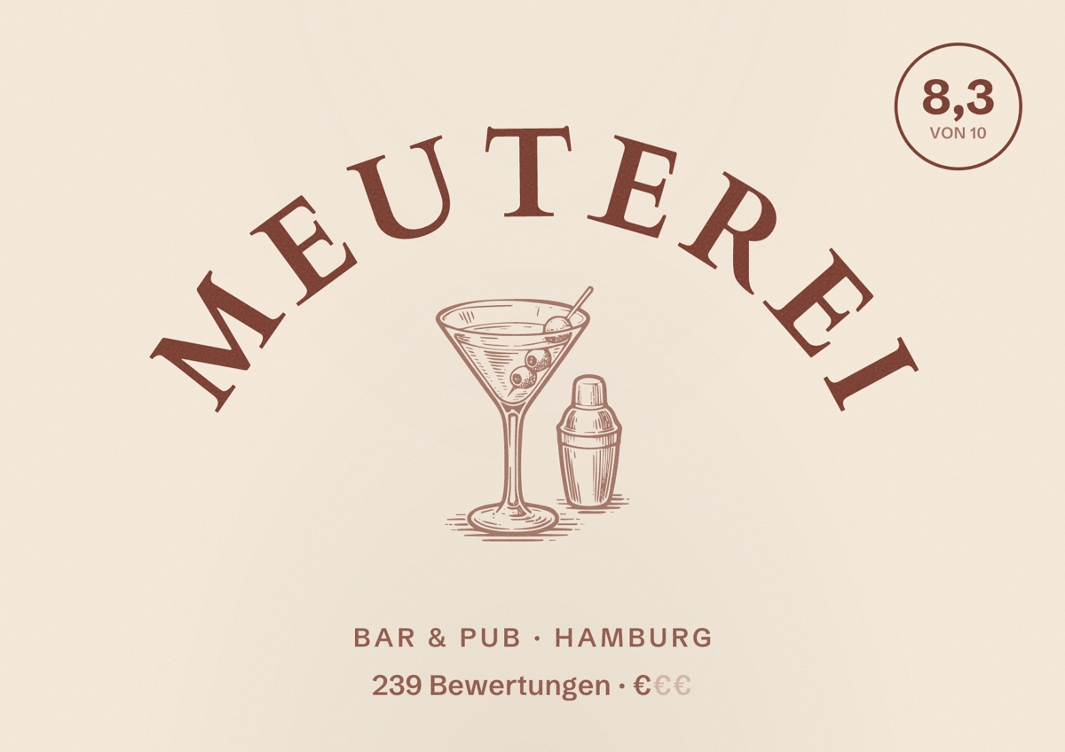 Illustriertes Poster von Meuterei, Bar & Pub in Hamburg: Bewertung 8,3 von 10 aus 239 Bewertungen, Preisniveau €