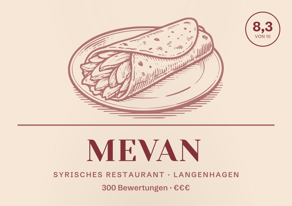 Illustriertes Poster von MEVAN, Syrisches Restaurant in Langenhagen: Bewertung 8,3 von 10 aus 300 Bewertungen, Preisniveau €€€