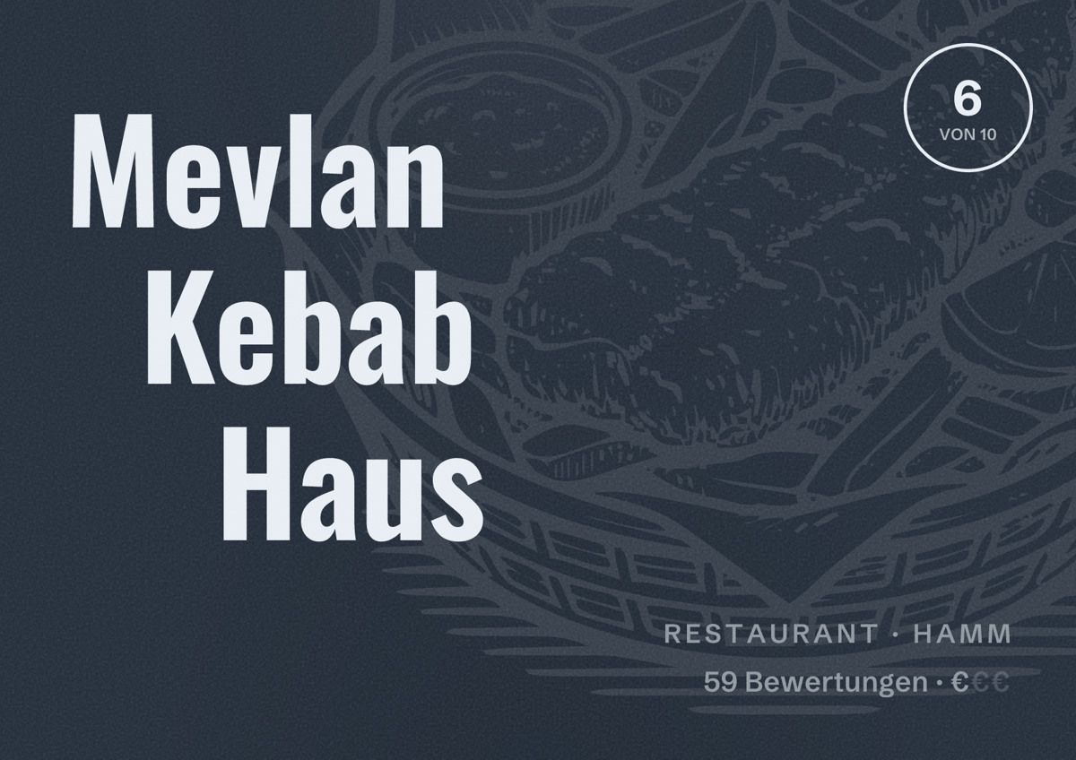 Illustriertes Poster von Mevlan Kebab Haus, Restaurant in Hamm: Bewertung 6 von 10 aus 59 Bewertungen, Preisniveau €