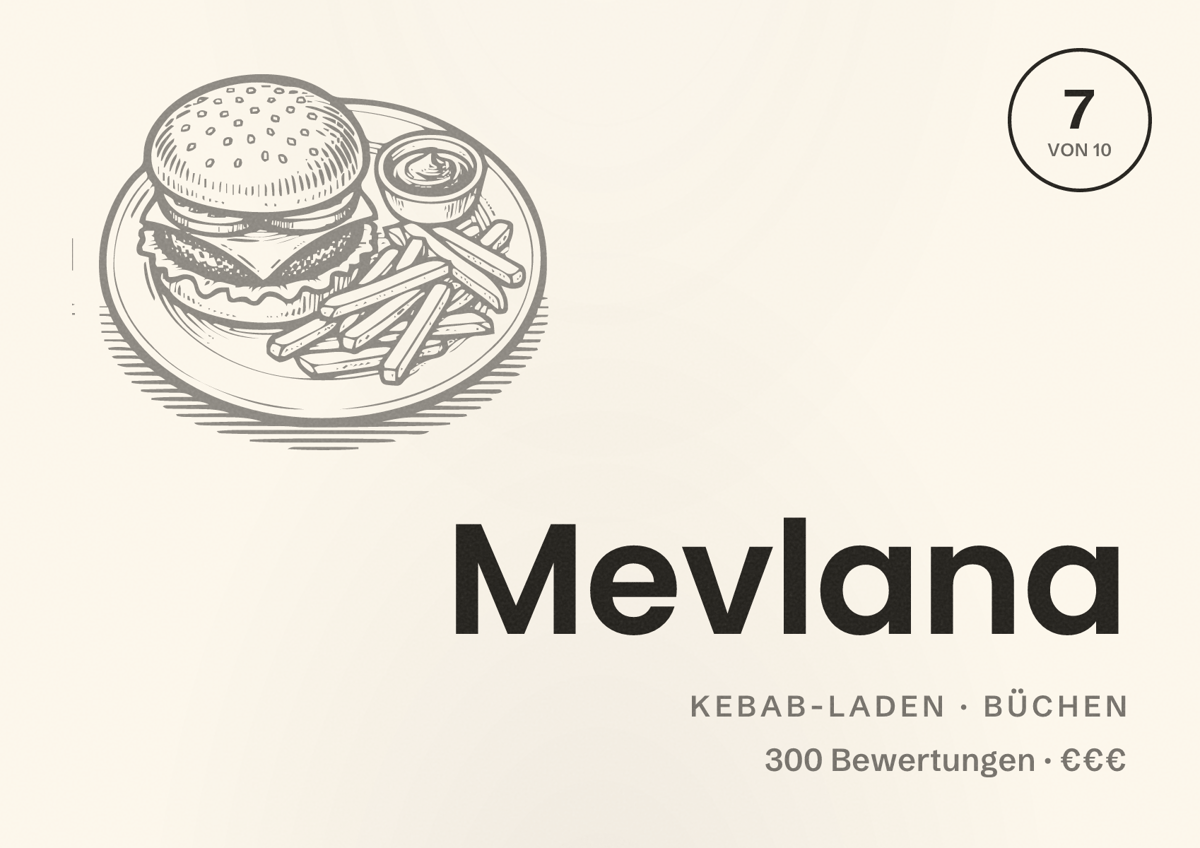 Illustriertes Poster von Mevlana, Kebab-Laden in Büchen: Bewertung 7 von 10 aus 300 Bewertungen, Preisniveau €€€