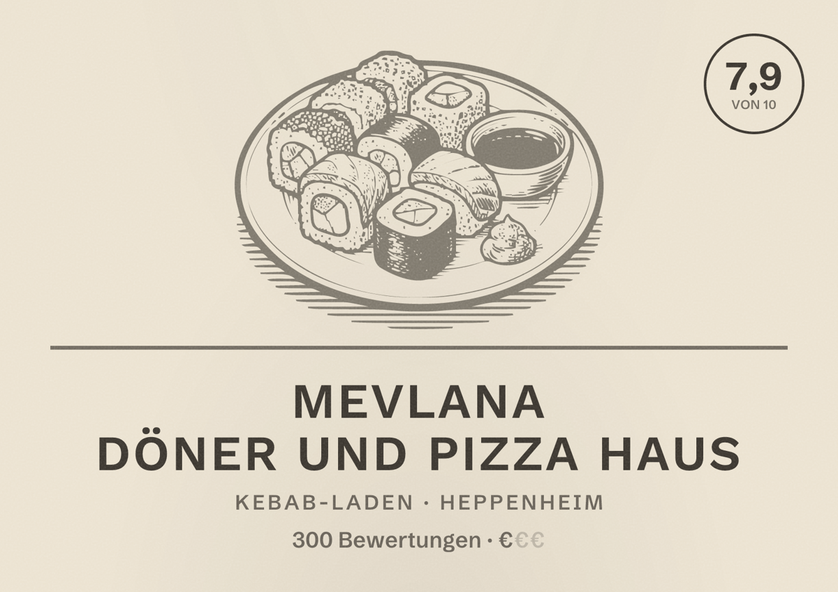 Illustriertes Poster von Mevlana Döner und Pizza Haus, Kebab-Laden in Heppenheim: Bewertung 7,9 von 10 aus 300 Bewertungen, Preisniveau €