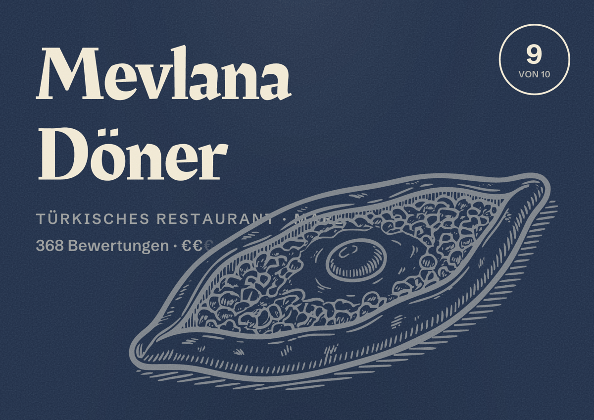 Illustriertes Poster von Mevlana Döner, Türkisches Restaurant in Marl: Bewertung 9 von 10 aus 368 Bewertungen, Preisniveau €€