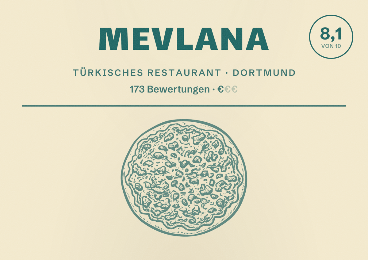 Illustriertes Poster von Mevlana, Türkisches Restaurant in Dortmund: Bewertung 8,1 von 10 aus 173 Bewertungen, Preisniveau €