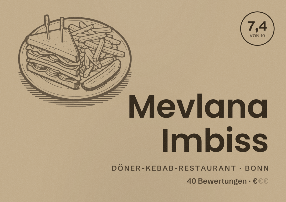 Illustriertes Poster von Mevlana Imbiss, Döner-Kebab-Restaurant in Bonn: Bewertung 7,4 von 10 aus 40 Bewertungen, Preisniveau €