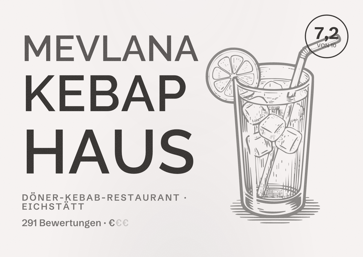 Illustriertes Poster von Mevlana Kebap Haus, Döner-Kebab-Restaurant in Eichstätt: Bewertung 7,2 von 10 aus 291 Bewertungen, Preisniveau €