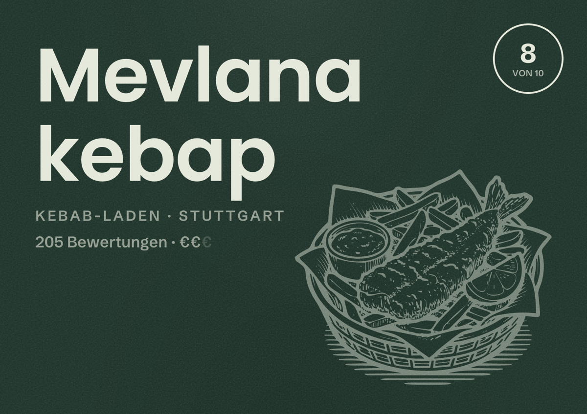 Illustriertes Poster von Mevlana kebap, Kebab-Laden in Stuttgart: Bewertung 8,0 von 10 aus 205 Bewertungen, Preisniveau €€