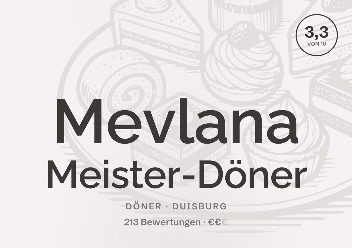 Illustriertes Poster von Mevlana Meister-Döner, Döner in Duisburg: Bewertung 3,3 von 10 aus 213 Bewertungen, Preisniveau €€