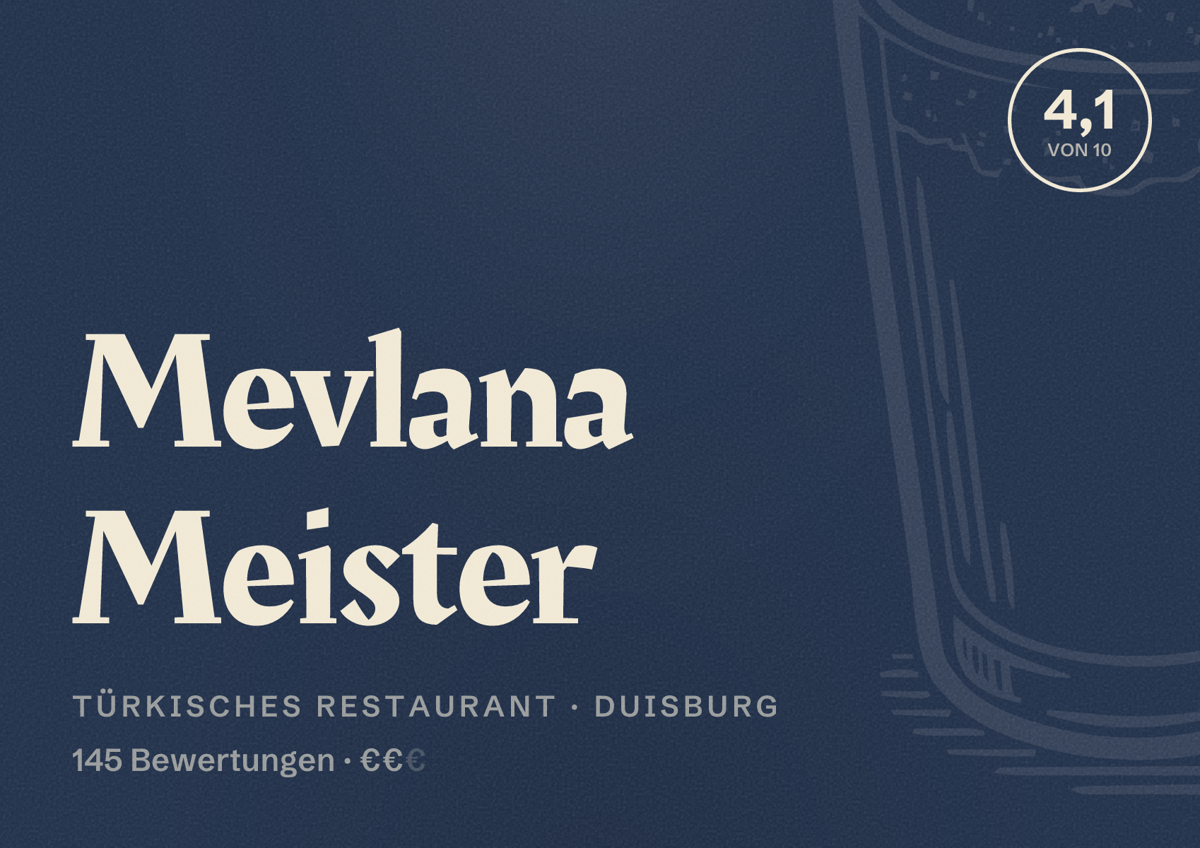 Illustriertes Poster von Mevlana Meister, Türkisches Restaurant in Duisburg: Bewertung 4,1 von 10 aus 145 Bewertungen, Preisniveau €€