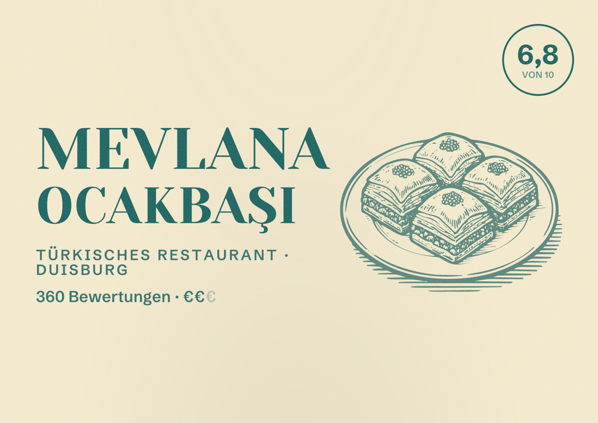 Illustriertes Poster von Mevlana Ocakbaşı, Türkisches Restaurant in Duisburg: Bewertung 6,8 von 10 aus 360 Bewertungen, Preisniveau €€