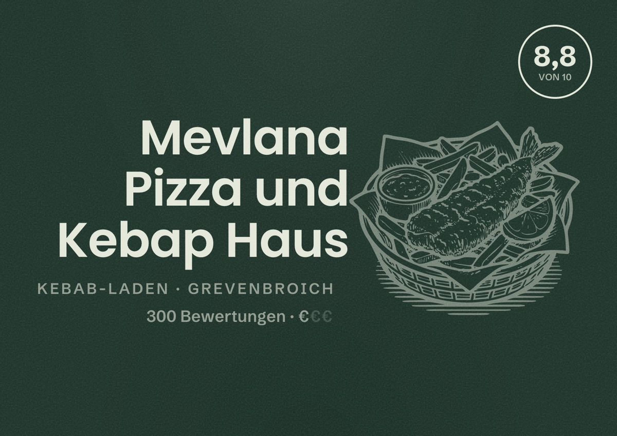 Illustriertes Poster von Mevlana Pizza und Kebap Haus, Kebab-Laden in Grevenbroich: Bewertung 8,8 von 10 aus 300 Bewertungen, Preisniveau €