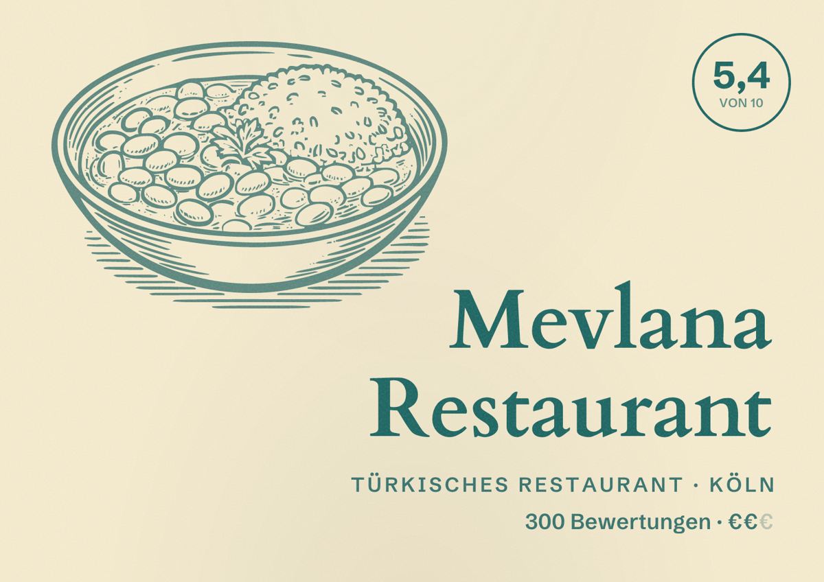 Illustriertes Poster von Mevlana Restaurant, Türkisches Restaurant in Köln: Bewertung 5,4 von 10 aus 300 Bewertungen, Preisniveau €€