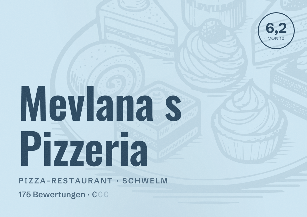 Illustriertes Poster von Mevlana s Pizzeria, Pizza-Restaurant in Schwelm: Bewertung 6,2 von 10 aus 175 Bewertungen, Preisniveau €