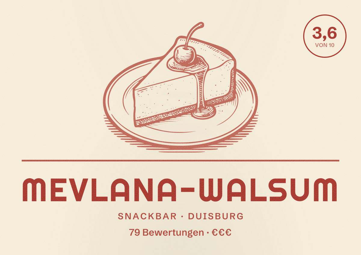Illustriertes Poster von Mevlana-Walsum, Snackbar in Duisburg: Bewertung 3,6 von 10 aus 79 Bewertungen, Preisniveau €€€