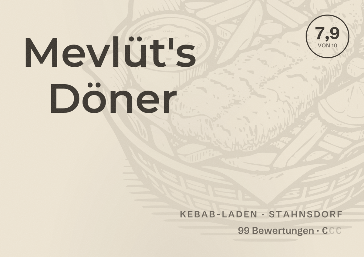 Illustriertes Poster von Mevlüt's Döner, Kebab-Laden in Stahnsdorf: Bewertung 7,9 von 10 aus 99 Bewertungen, Preisniveau €