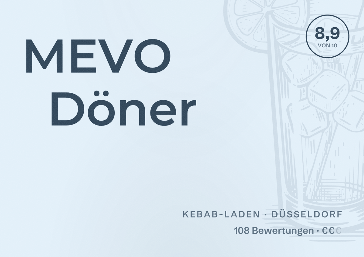 Illustriertes Poster von MEVO Döner, Kebab-Laden in Düsseldorf: Bewertung 8,9 von 10 aus 108 Bewertungen, Preisniveau €€
