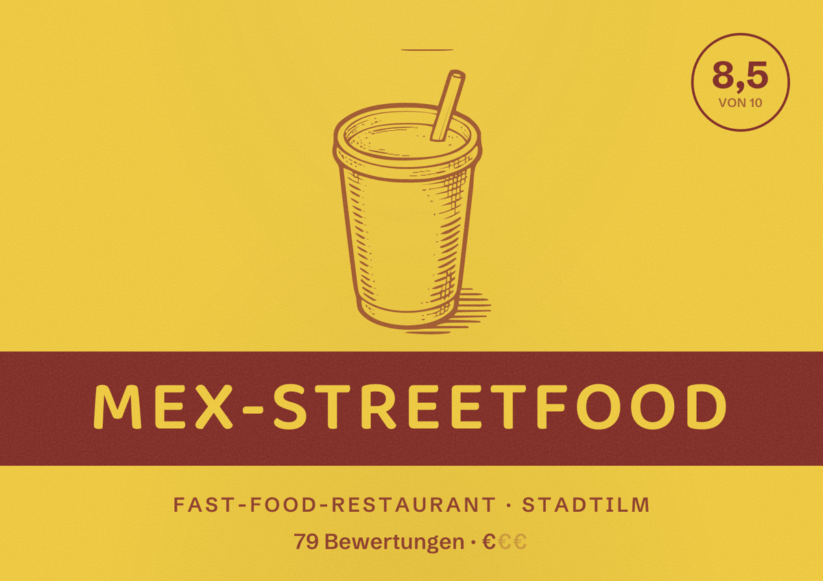 Illustriertes Poster von MeX-Streetfood, Fast-Food-Restaurant in Stadtilm: Bewertung 8,5 von 10 aus 79 Bewertungen, Preisniveau €