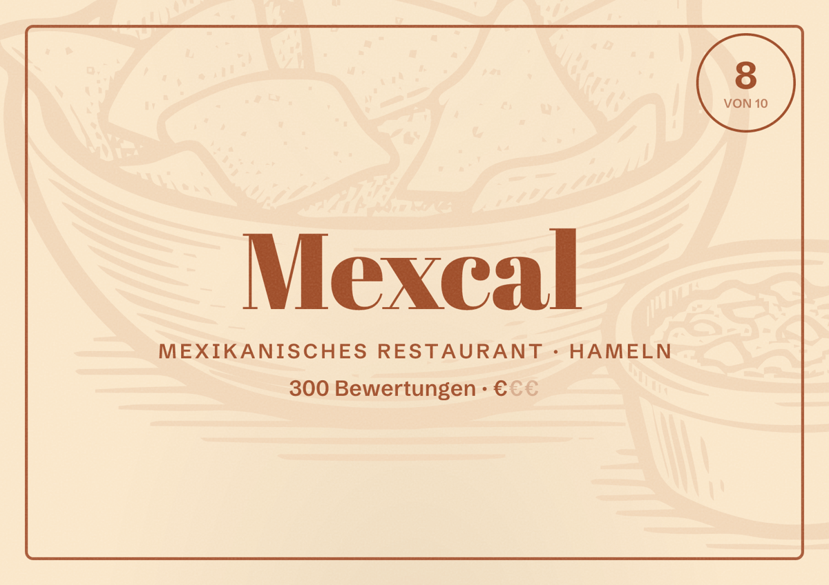 Illustriertes Poster von Mexcal, Mexikanisches Restaurant in Hameln: Bewertung 8 von 10 aus 300 Bewertungen, Preisniveau €